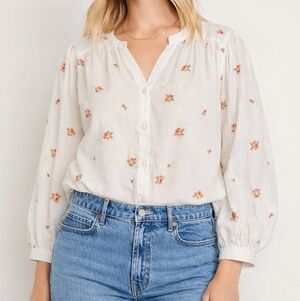 White Floral Embroidered Blouse XL 100% Cotton Boho Cottagecore Peasant Spring